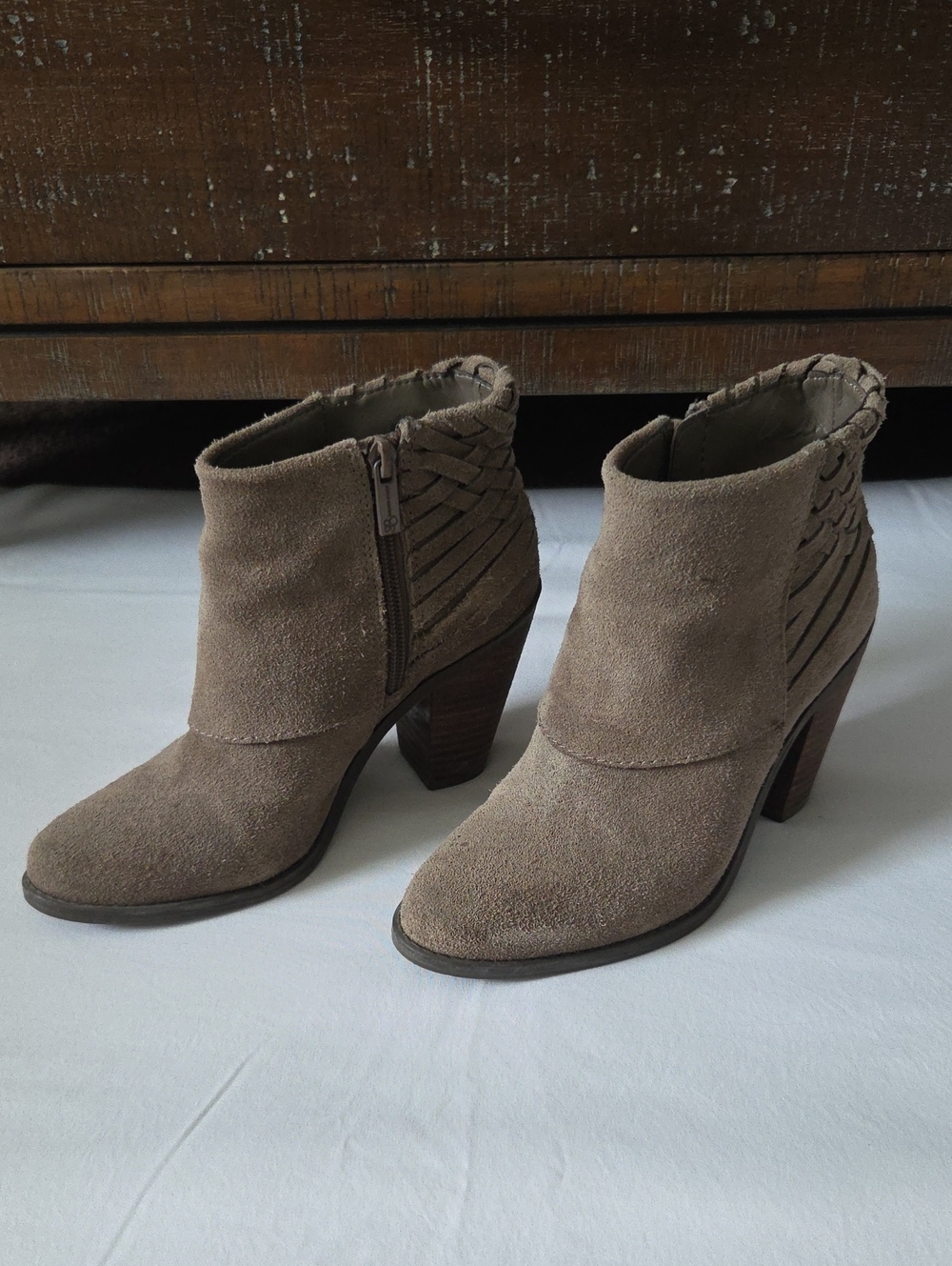 Jessica Simpson Taupe Suede Ankle Booties with Braided Back